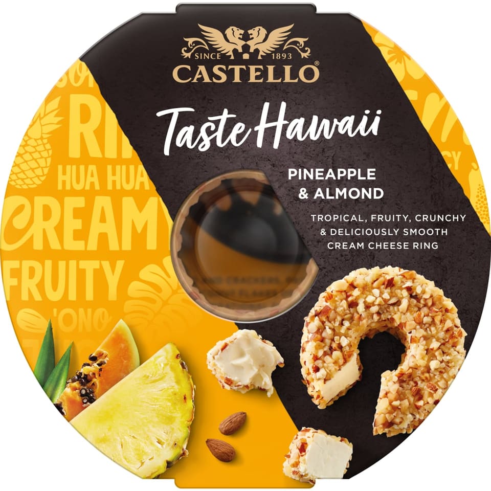 Упаковка Castello Taste Hawaii: кольцо сливочного сыра с ананасом, папайей и миндалём