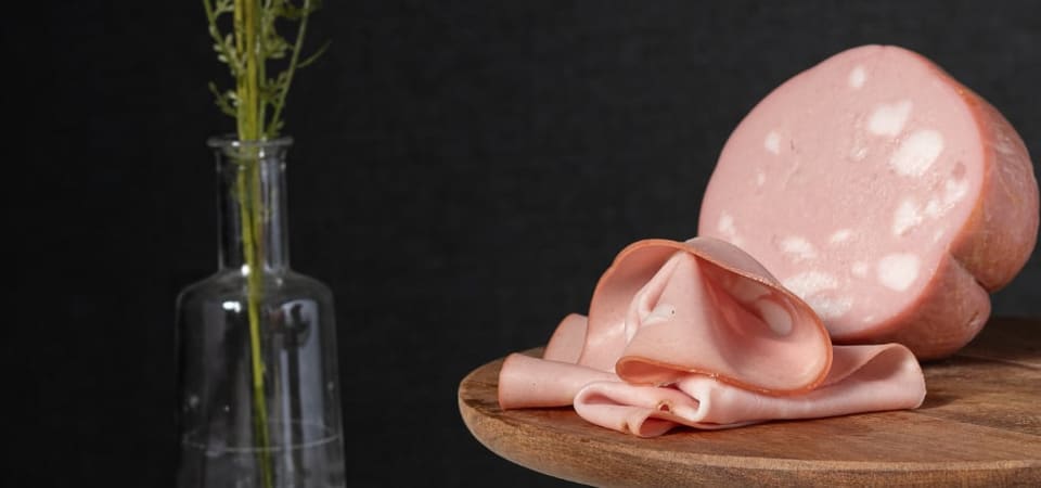 Кусок мортаделлы и ломтики с белыми кубиками шпика на тёмном фоне