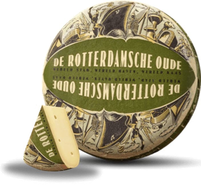 Головка сыра De Rotterdamsche Oude в зелёной обёртке с рисунком и отрезанный клин